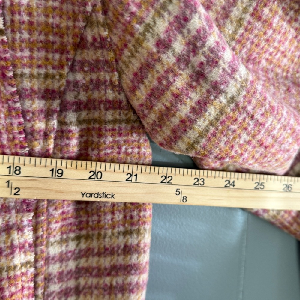 Democracy Womens Large Raspberry Multi Plaid Tubular Fringe Coat Attached Scarf - Picture 7 of 15